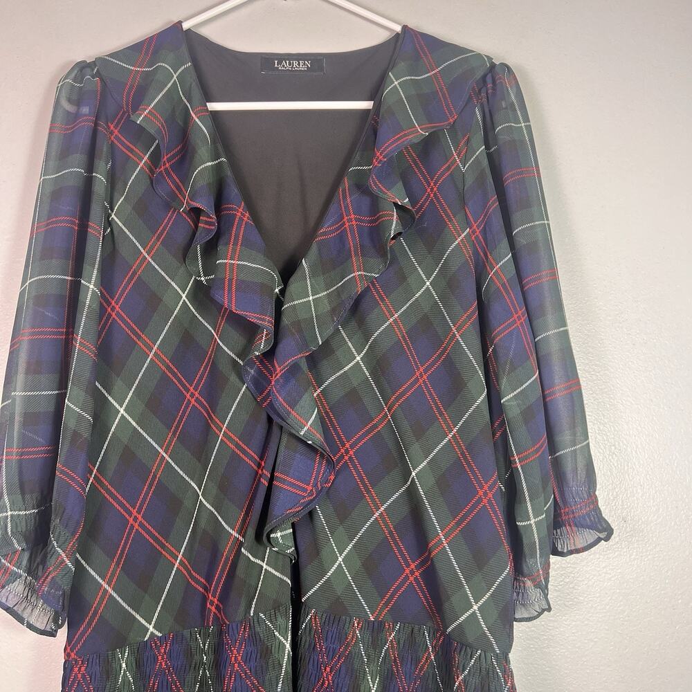 LRL Green Red Plaid Ruffle Midi Georgette Dress Sz XL Holiday Summer Vacation - Picture 3 of 12